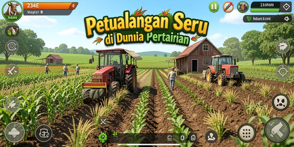 Screenshot gameplay 234E menunjukkan ladang yang subur dan hewan ternak.