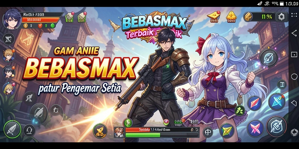Screenshot dari gameplay BEBASMAX yang menunjukkan karakter anime ikonik.