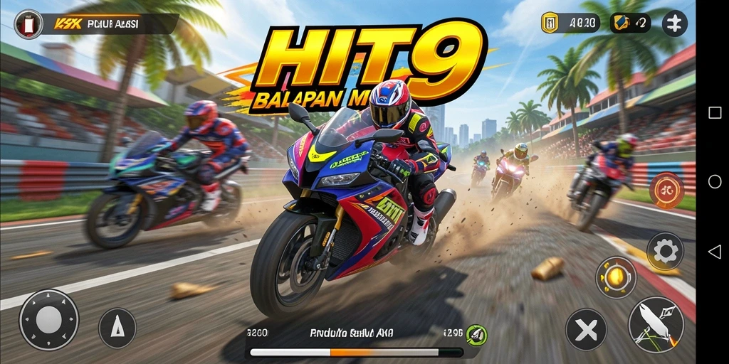 Screenshot gameplay HIT9 menampilkan balapan motor yang seru dan kompetitif.