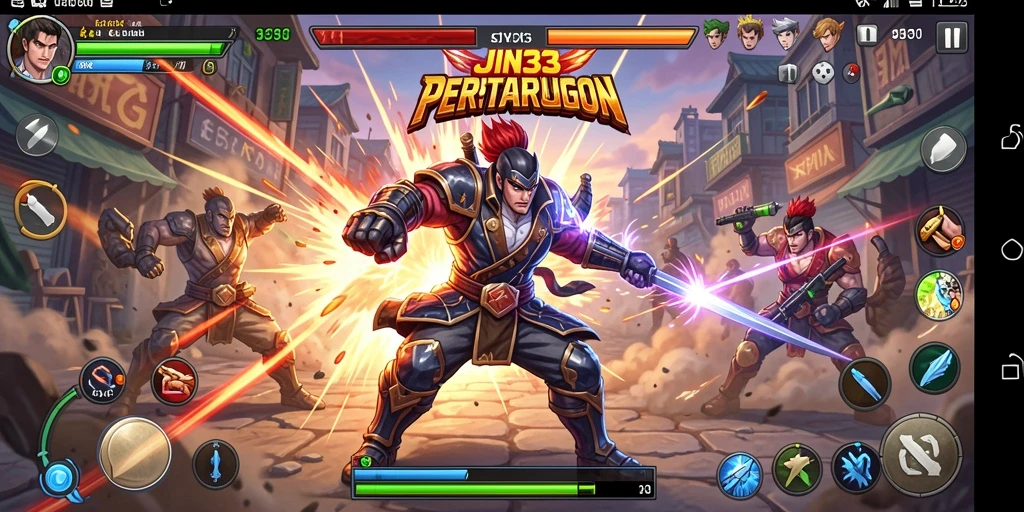 Screenshot utama JIN33 menampilkan karakter bertarung di arena penuh aksi.