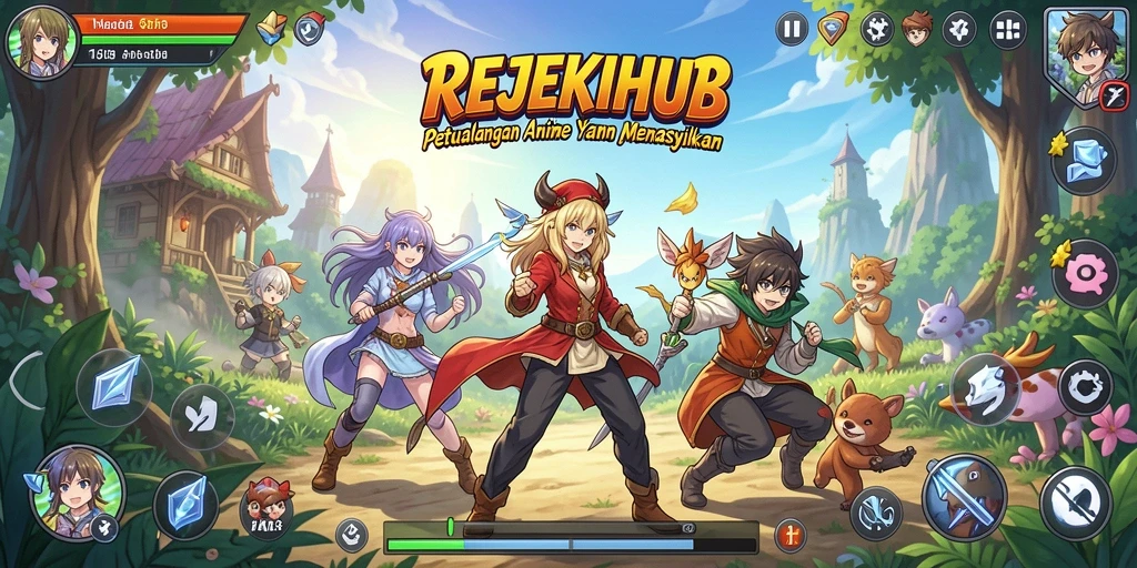 Screenshot utama menunjukkan karakter anime beraksi dalam permainan.