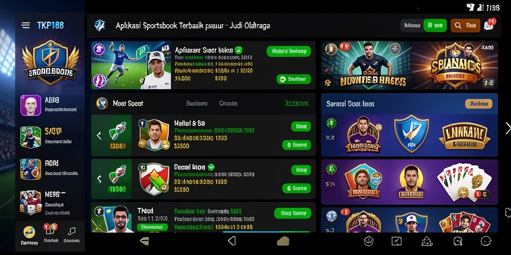 Screenshot menunjukkan antarmuka aplikasi TKP188 dengan pilihan taruhan olahraga yang beragam.