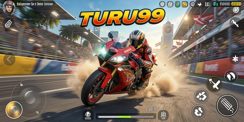Tangkapan layar gameplay seru TURU99 menunjukkan aksi balapan motor.